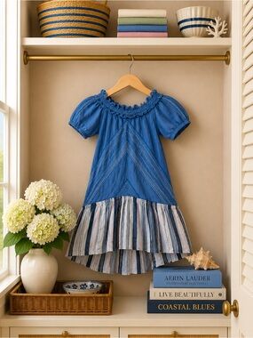 Lemlem Cobalt Blue Smocked Mini Dress with Striped Ruffle Hem